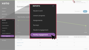 Click to enlarge Reports menu open with Family engagement selected
